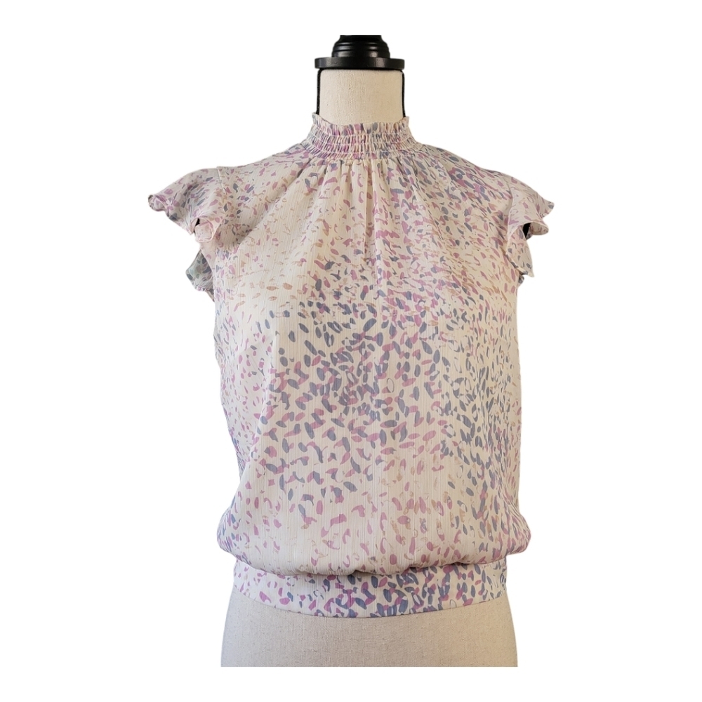 💕Printed Mock Neck‎ Flutter Sleeve Gramercy Tee Multi-Color